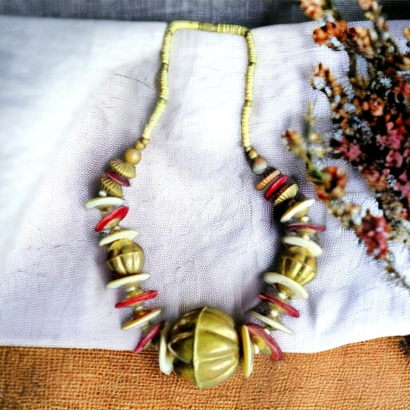 Vintage Bone and Brass Beaded Necklace - Picture 2 of 5
